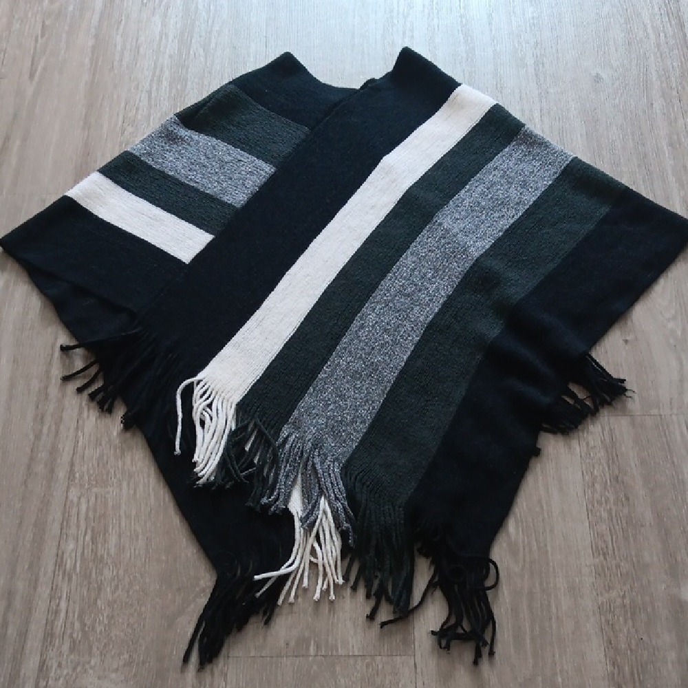 Striped Black and Gray Knit Poncho